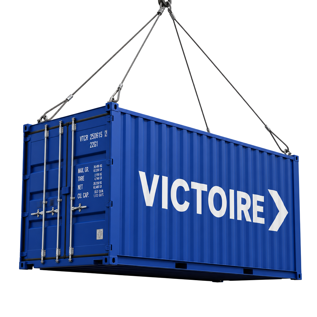 Contêiner azul da Victoire em operação